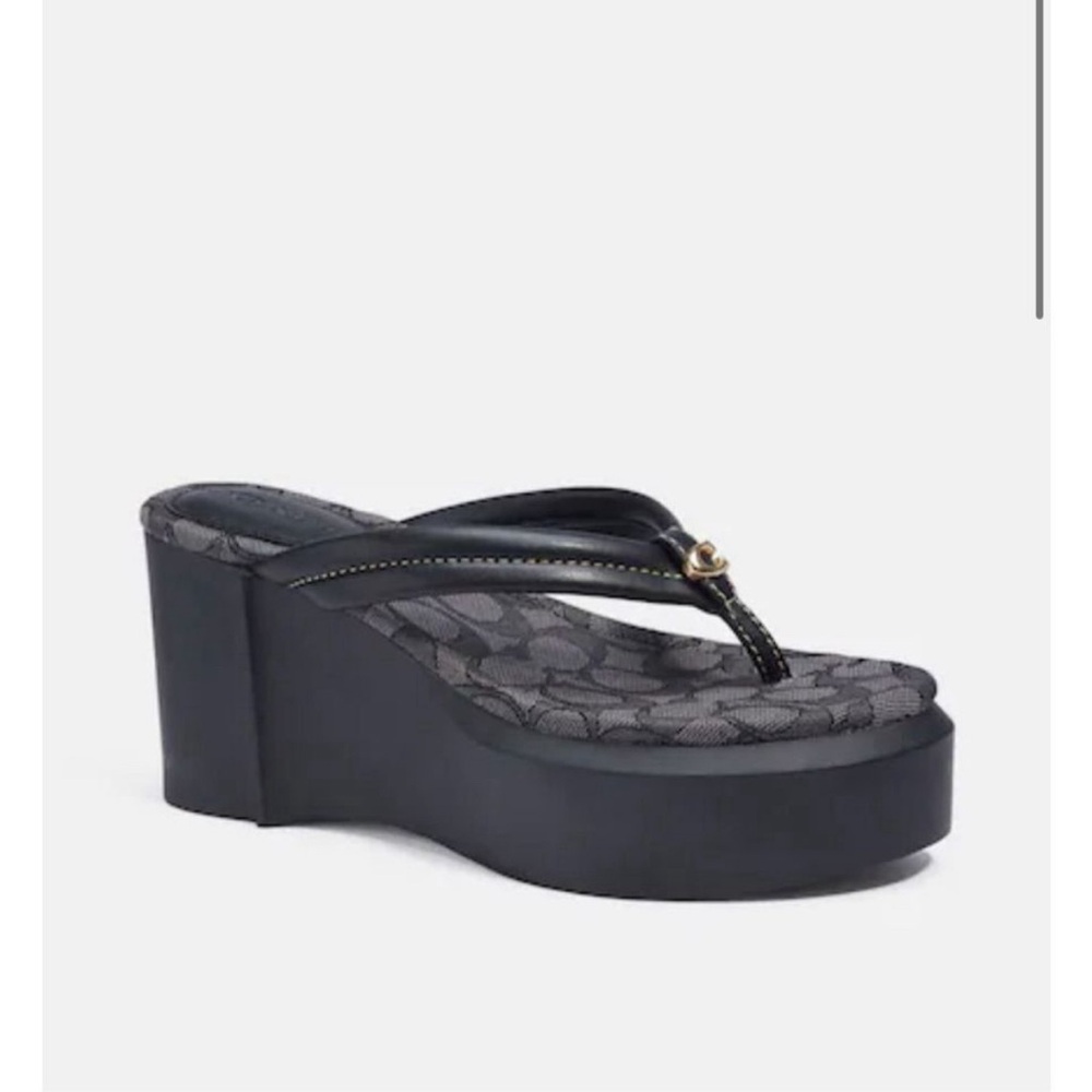 Coach Black Platform Wedge Thong Sandals with Signature Print